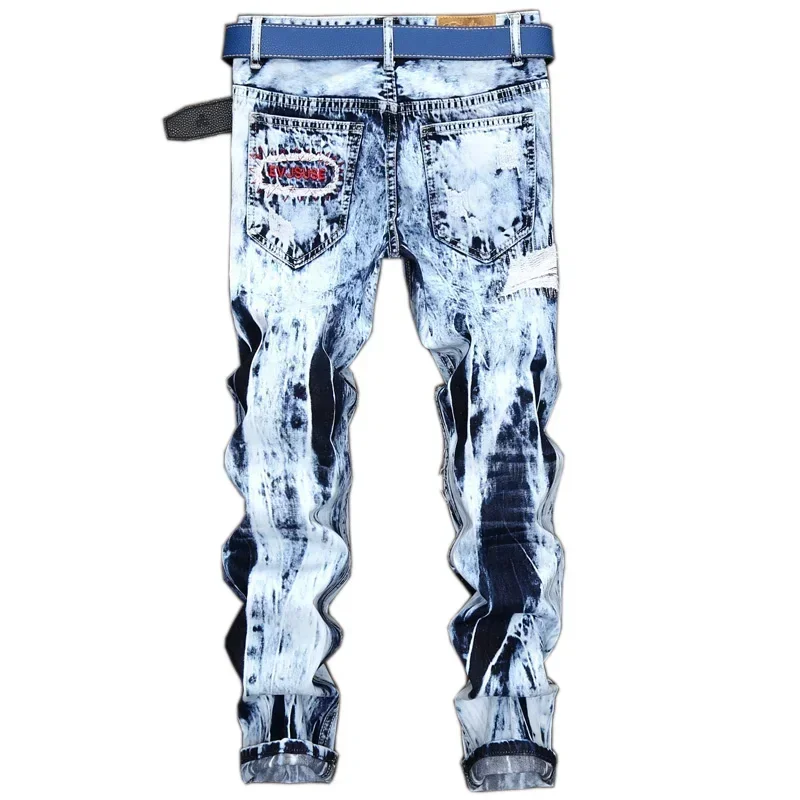 Men's Embroidered Patchwork Ripped Jeans (without Belt) Slim Fashion High Street Motorcycle Denim Pants Male Designer Clothes men jeans ripped jeans ripped patchwork jeans
