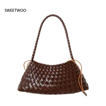 Borsa a tracolla da donna in pelle morbida intrecciata con sacchetto interno con coulisse, borsa a secchiello 2-in-1, borsa a mano per il pendolarismo quotidiano