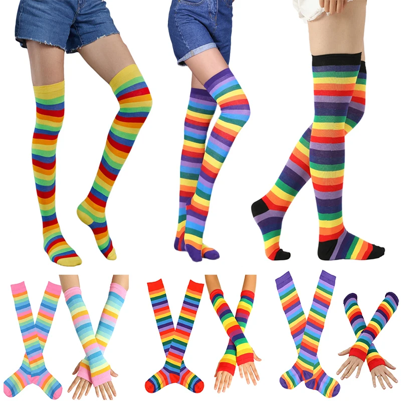 

New Colorful Rainbow Stockings Cute Thigh Knee Socks Dance Socks Striped Arm Warmer Gloves Christmas Gifts Women Cosplay Costume
