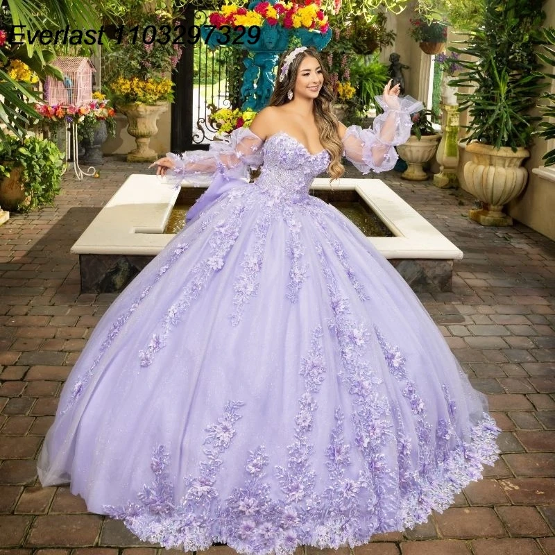 Quinceanera Dress Ball Gown Shiny Lavender Floral Applique Beading Long Sleeve Corset Sweet 16
