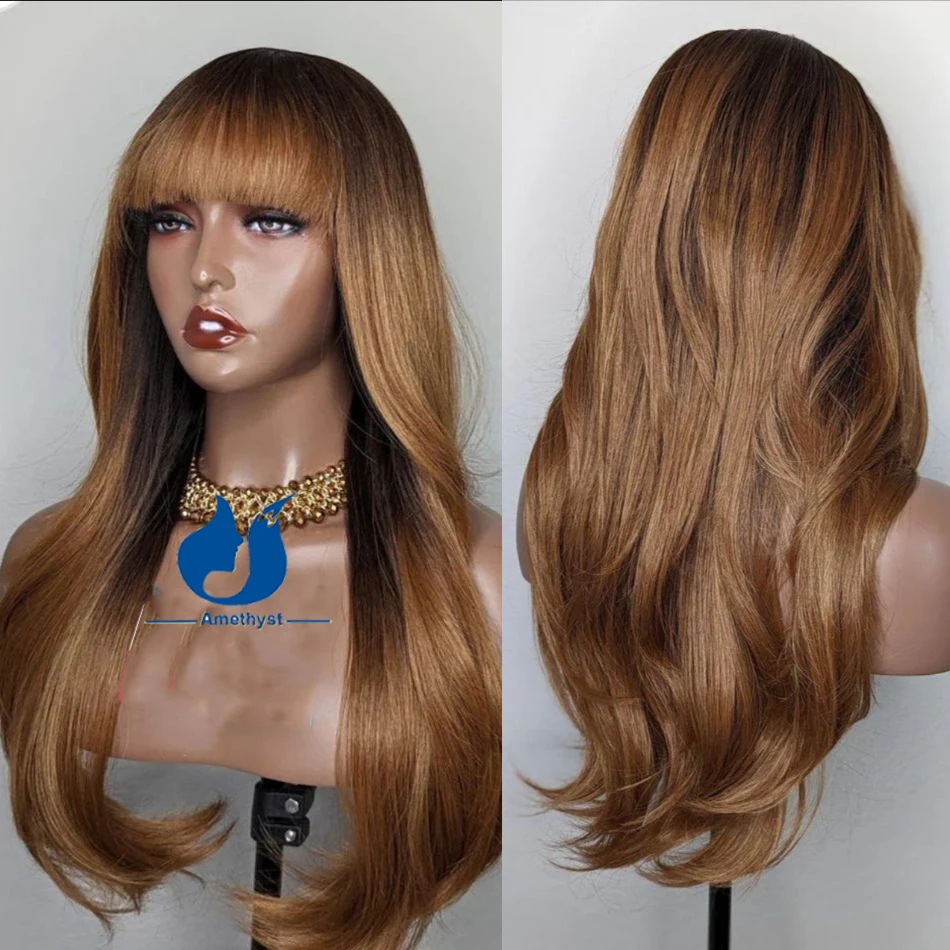 

Парик длинный светлый с аметистом и эффектом омбре из 100% человеческих волос, с круглым кутикулом, парик полностью машинной работы с бахромой для женщин, без клея, с волнистой кутикулой