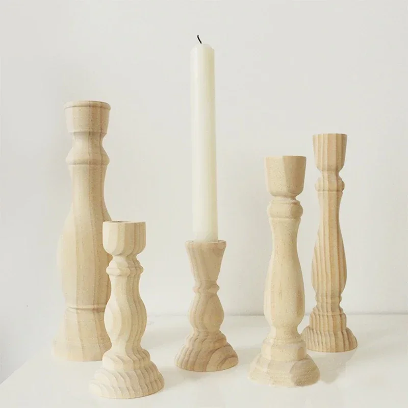 Wood Unfinished Candlesticks Holders Retro Unpainted Wood Classic Craft Candle Holders Creative Diy Home Wedding Decorations