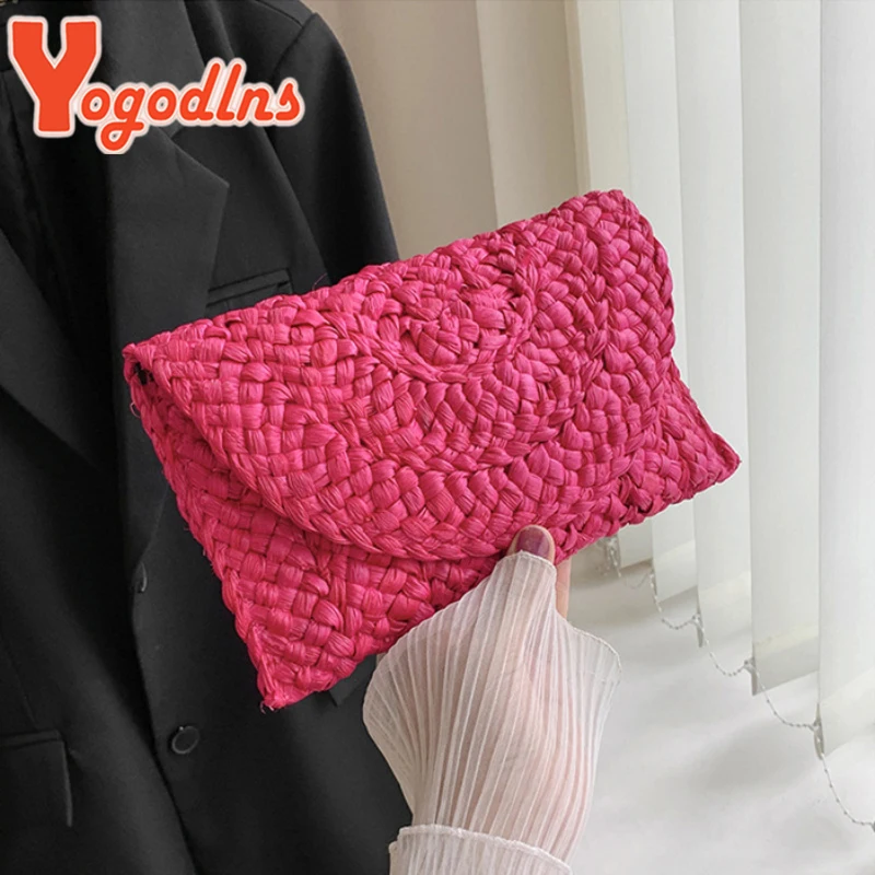 Yogodlns Corn Husk Weave Dinner Clutch Bag Women's Fashion Simple Straw Large Purse Woman Summer Casual Vacation Ladies Wallet
