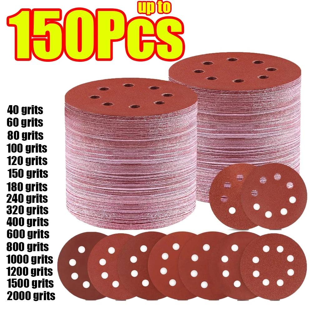 1-150 Stück 5 Zoll 8-Loch Schleifpapier 125mm Runde Lochschleifscheiben mit Klettverschluss 40-2000 Körnung für Exzenterschleifer Polierwerkzeug