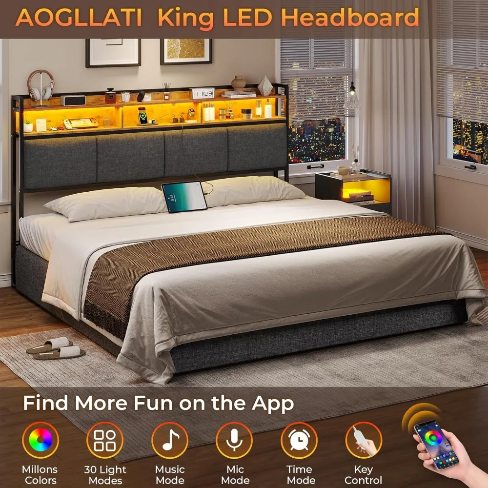 King Headboard Only with LED Lights & Charging Station, Headboard King with 2-Tire Storage Space and Soft Backrest for Bedroom