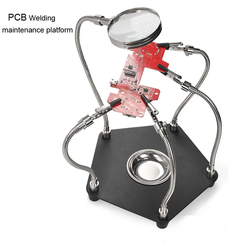 

PCB Welding Third Hand Tool Table Clamp Soldering Stand 3X Magnifier 4pc Flexible Arms Bench Vise Soldering Holder Tool