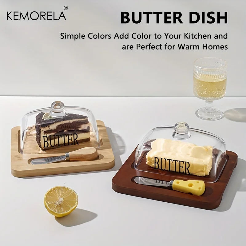 KEMORELA Wood Butter Dish Glass Lid Knife Cheese Cake Dessert Storage Plate Countertop Dish Butter Cheese Container