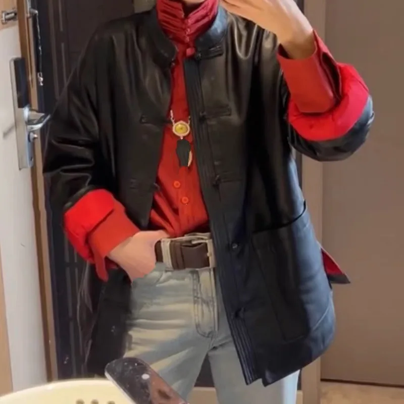 

2024 Spring And New Year Chinese Style Genuine Leather Sheepskin Jacket With Loose Buttons, Casual Tang Style Medium Length Euro