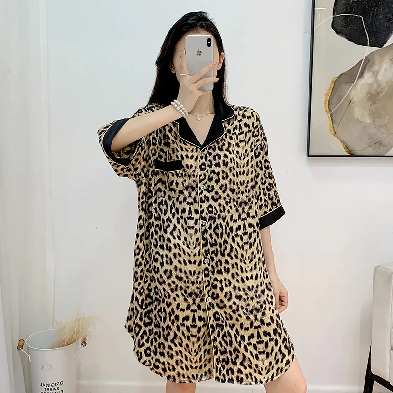

Half Sleeve Nightgown Sleepshirt Spring Summer Loose Silk Satin Home Dress Lounge Wear Print Leopard Nightdress Sleepwear