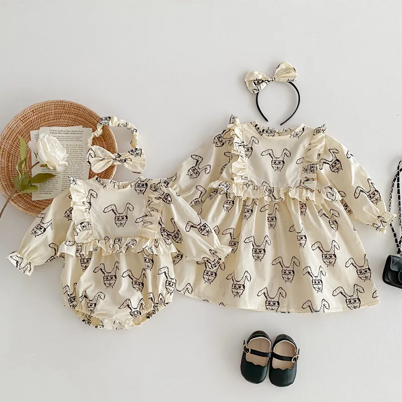 

Ins 2024 Spring Baby Girls Sister Look Cotton Cartoon Dog Ruffle Broder Infant Girls Rompers Kids Girls Long Sleeve Dress