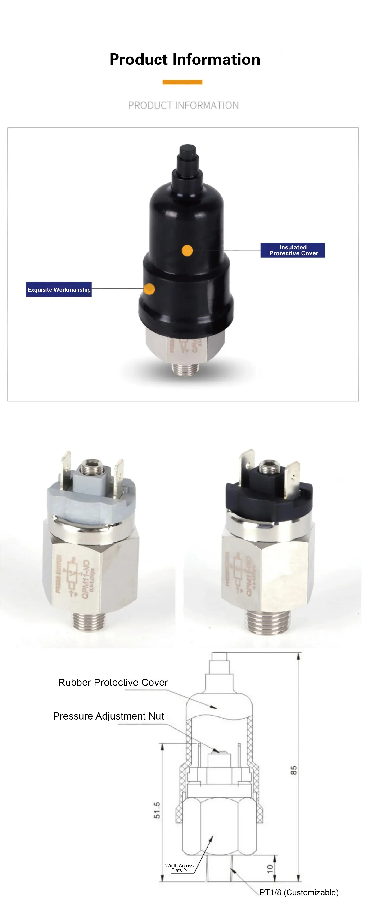 QPM11-NO NC Air Compressor Pressure Switch Pneumatic Diaphragm Type Adjustable N