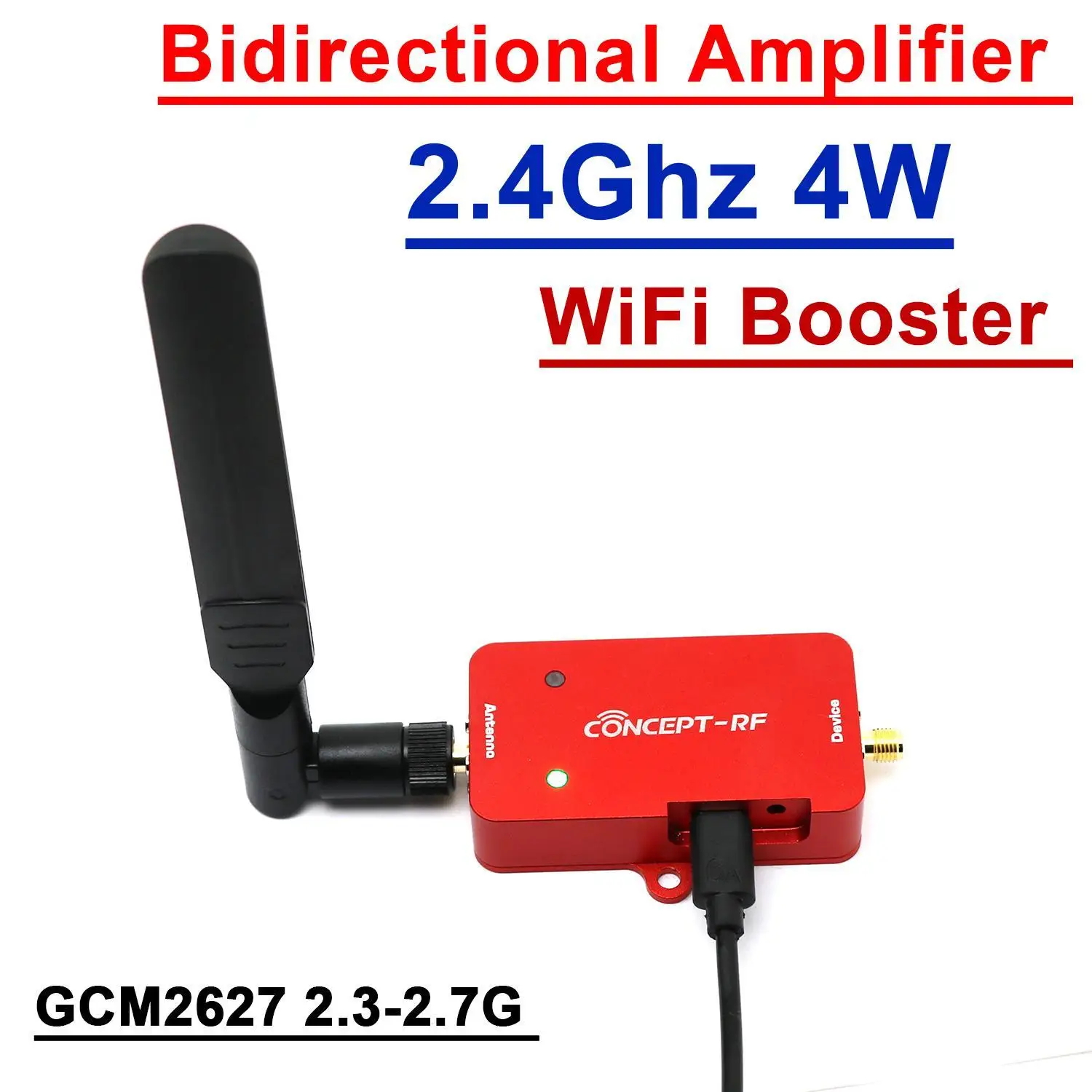 Vue de face de l'amplificateur RF bidirectionnel 2.4Ghz 4W montrant les ports d'entrée et sortie SMA.