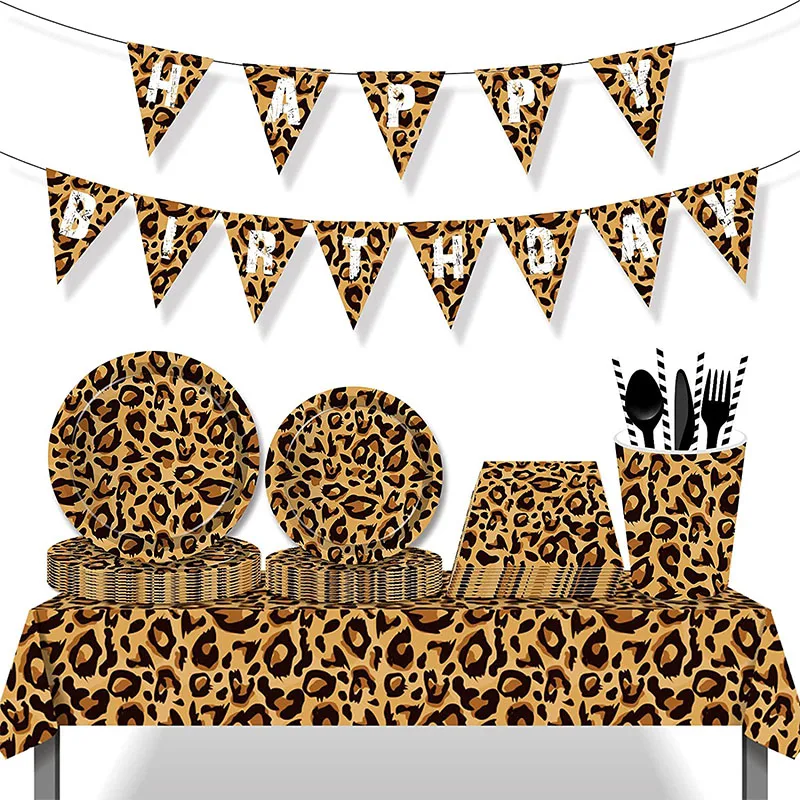 Leopard Happy Birthday Banner Cheetah Print Pennant Flag Leopard Wild One Birthday Party Decoration Jungle Safari Party Supplies