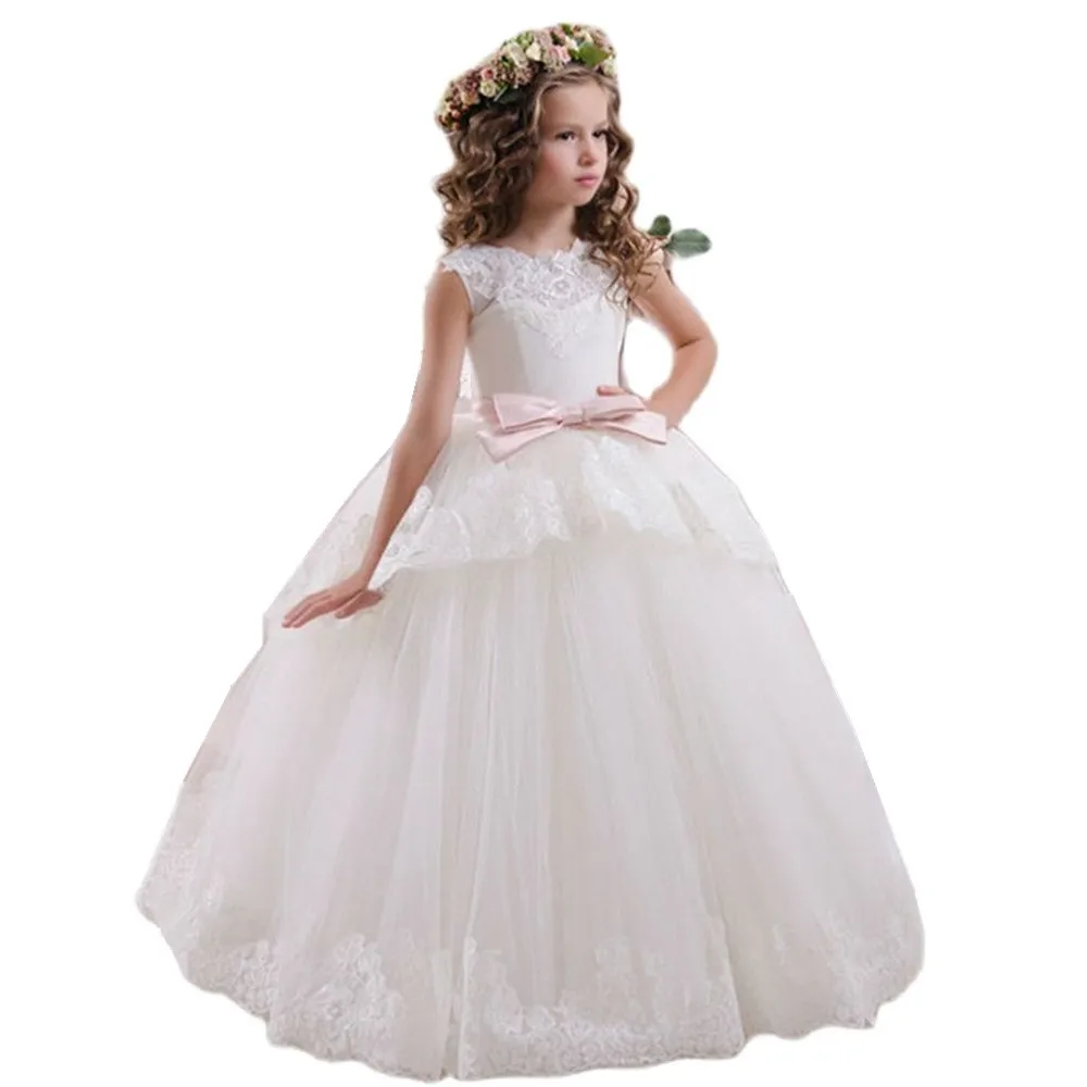 

New Flower Girls Dresses Lace Appliques Cap Sleeve Ball Gowns Beading Floor Length Pageant First Communion Dresses Wedding Gow
