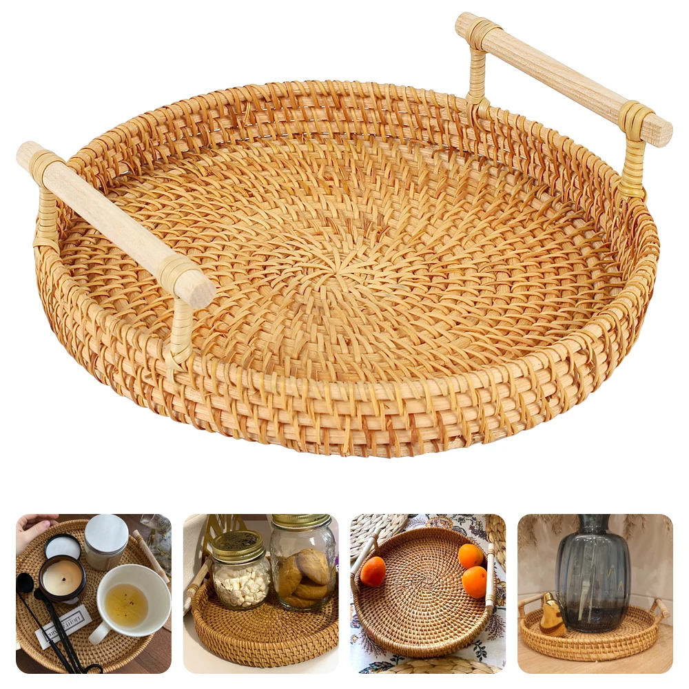 Handwoven Rattan Storage Tray Dinner Serving Tray With Handle Fruit Cake Wicker Basket Breakfast Bread Food Plate 2