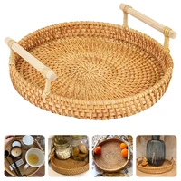 Handwoven Rattan Storage Tray Dinner Serving Tray With Handle Fruit Cake Wicker Basket Breakfast Bread Food Plate 2