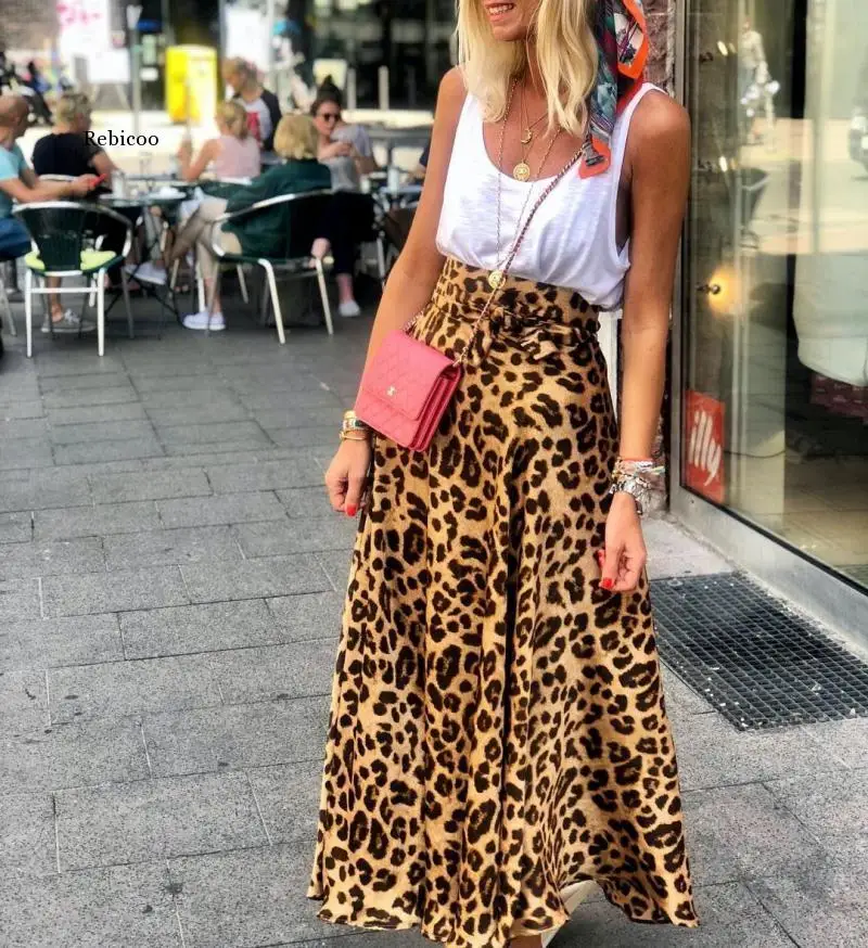 

2023 European and American Summer New Leopard Print Lace Up Street Mid Length Skirt Women