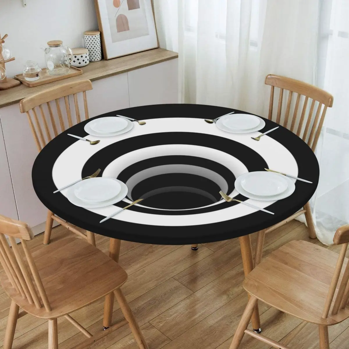 

Waterproof Optical Illusion Black Hole Tablecloth Backed Elastic Edge Table Cover Abstract Black And White Lines Table Cloth