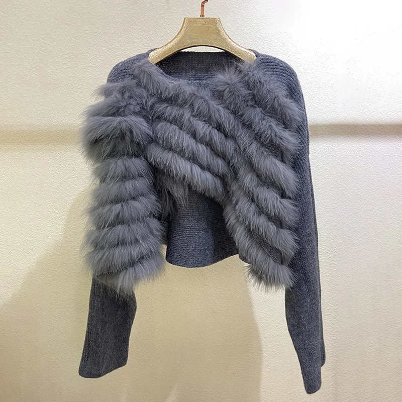 

Lady Autumn Winter Sweater Fashion Streetwear Women Pullover Real Fox Fur Coat Fluffy Female Clothing DBL5426