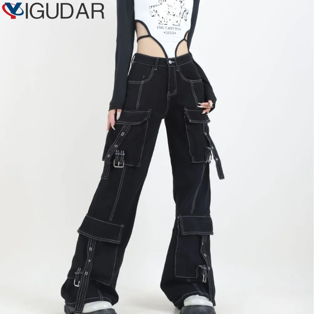 

Harajuku Pockets Patchwork Baggy Jeans Women 2023 Autumn Black Wide Leg Denim Trousers Woman Streetwear Loose Cargo Pants Woman