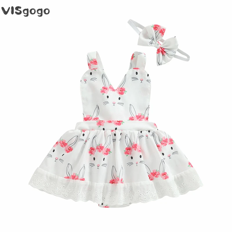 

VISgogo Easter Infant Girls Romper Dress Rabbit Print Halter Neck Sleeveless Lace Trim Ruffles Skirt Hem Jumpsuit with Headwear