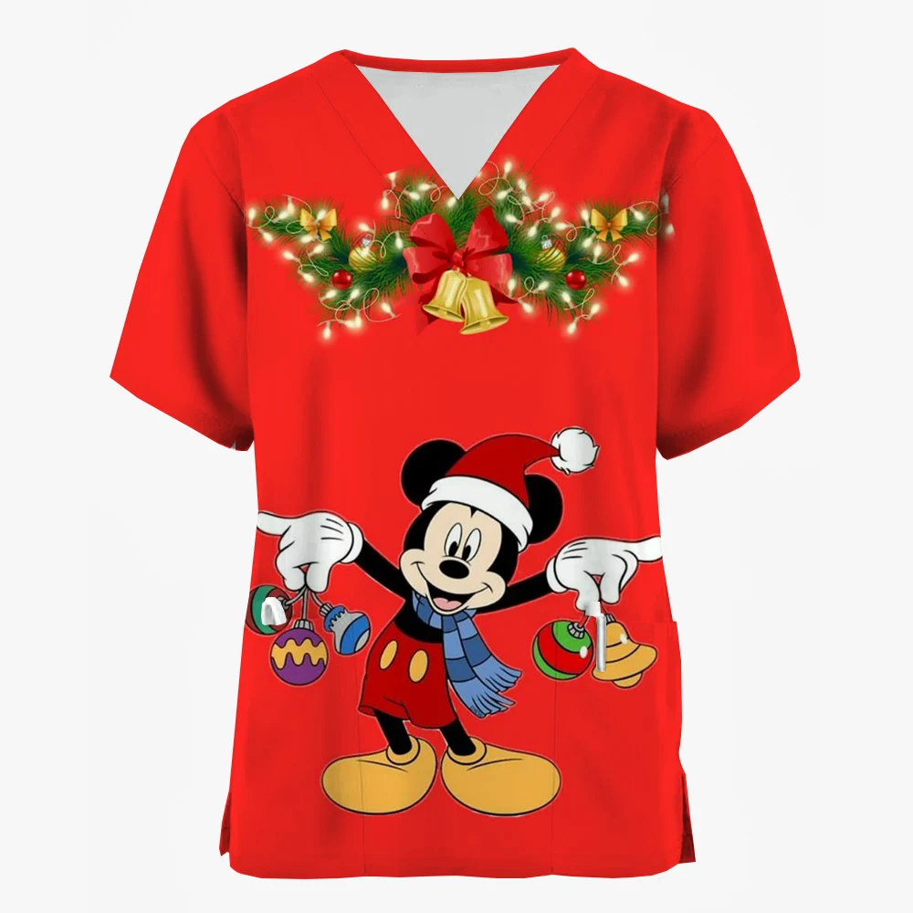 thumbnail image 1 of Camiseta de enfermera de uniforme de mujer para trabajo de enfermería, camiseta de Disney Mickey Mouse con estampado navideño de feliz Navidad, manga corta, cuello en V, patrón divertido festivo, 1 of 5