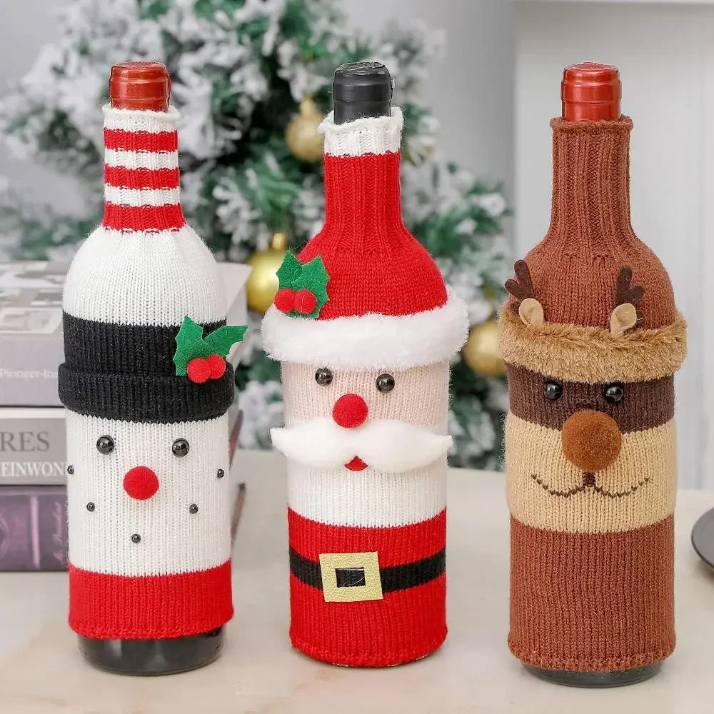 Christmas Wine Bottle Cover Set Santa Snowman Woven Wine Bottle Bags For Christmas Party Dinner Table Decorations New Year Gifts wine bottle cover burlap wine bags
