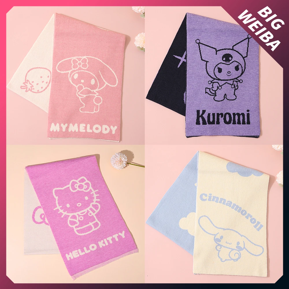 

2023 New Winter Knitted Scarf Bib Long Cartoon Two-Tone Sanriod Hello Kitty Cinnamoroll Kuromi Female Windproof Keep Warm Scarf