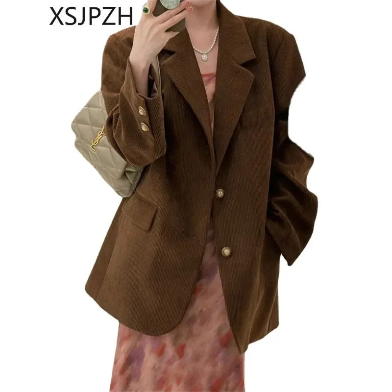 

Corduroy Suit Jacket Female Autumn Design Sense Small Niche Thin Temperament Senior Vintage Loose Office Suit Jacket Versatile