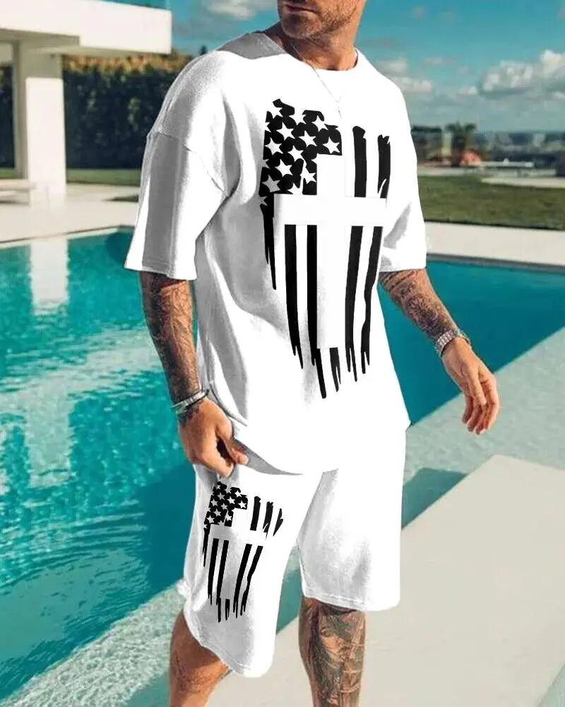 2023 New Leisure Trend 3D Printing Pattern Set for Men's Sports Comfortable and Breathable Short Sleeves+Shorts