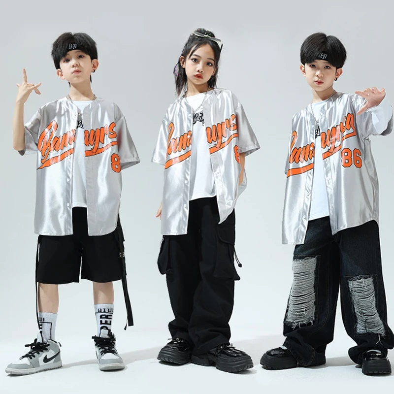 Children'S Trendy Clothing For Boys Bright Silver Baseball Suit Girls Jazz Hiphop Dance Performance Stage Costumes DQS14357
