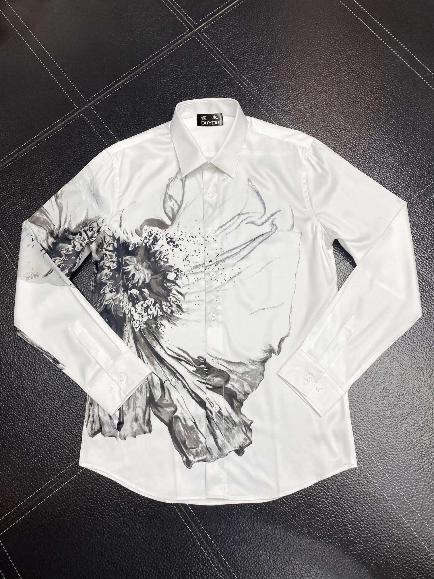 

Splash Ink Pattern White Men's Dress Shirts 100% Cotton Print Long Sleeve Camisas Masculina Casual Slim Fit Mens Business Shirts