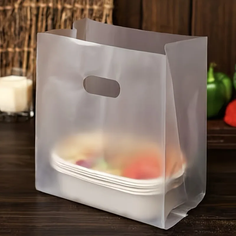 50 Stück transparente Kunststoff-Geschenktüten mit Griffen – ideal für Salate, Kuchen, Pizza, Brot, Desserts, Kekse und Süßigkeiten