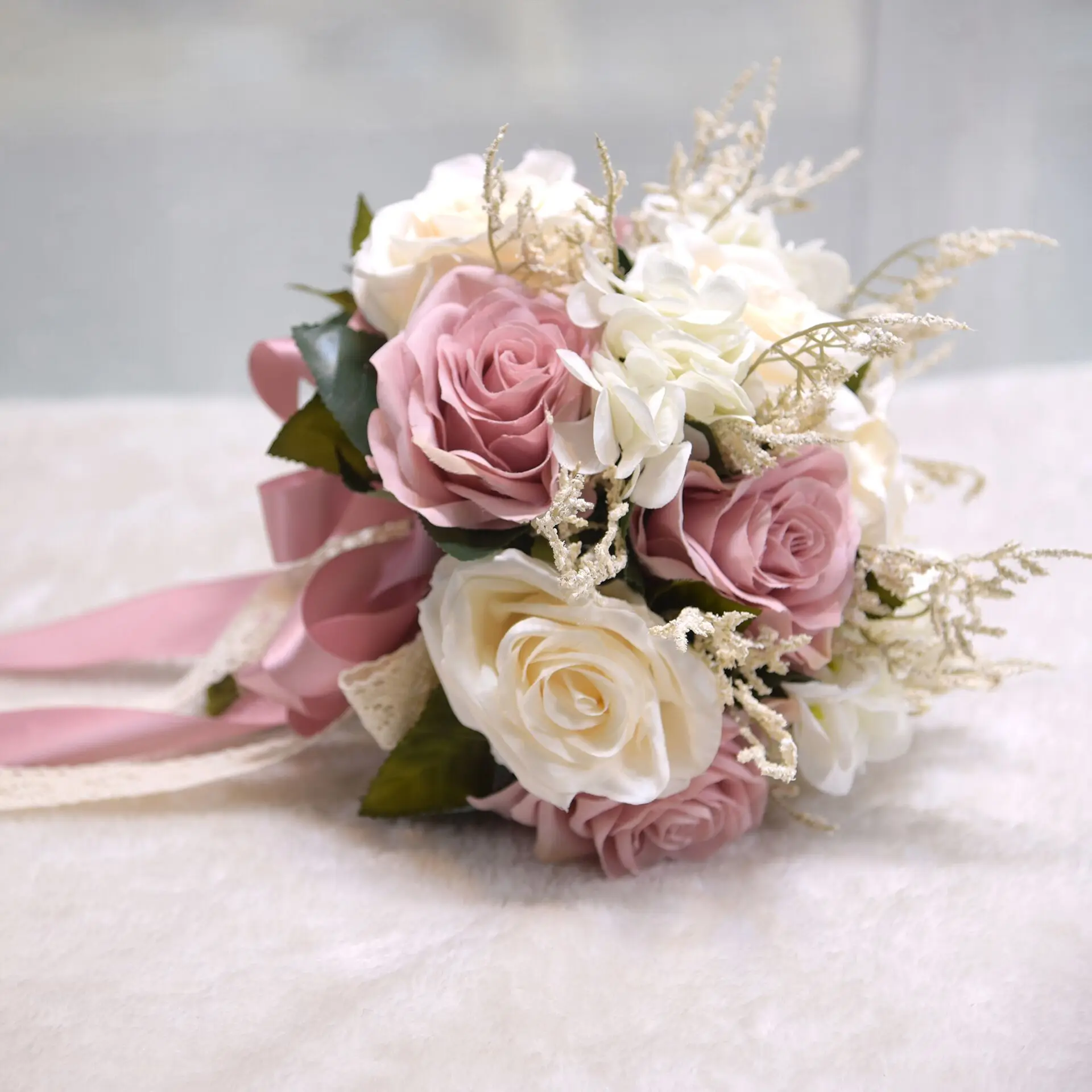 Holding Flowers Artificial Natural Rose Wedding Bouquet with Silk Satin Ribbon Pink White Champagne Bridesmaid Bridal Party