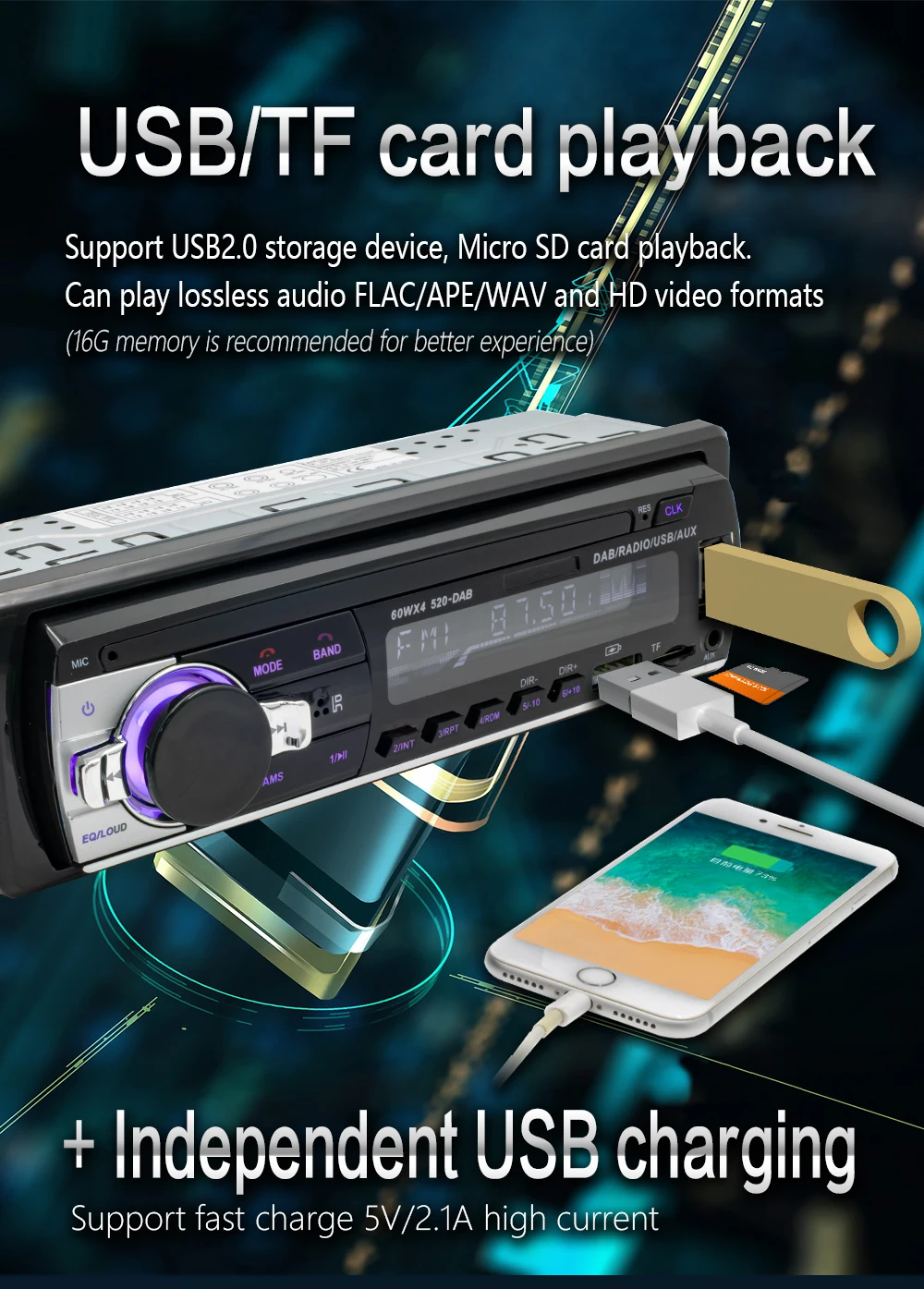 Ptopoyun Car MP3 Multimedia Player JSD 520 Dab Radio DAB+ RDS AM FM Audio Stereo Receiver 12V In Dash 1din Bluetooth Autoradio