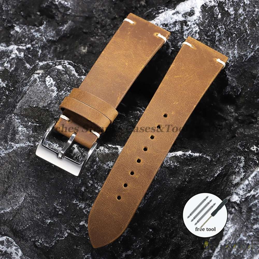 Vintage Brown Oil Wax Leather Watchband - Soft Handmade Cowhide Strap with Elegant Stitching