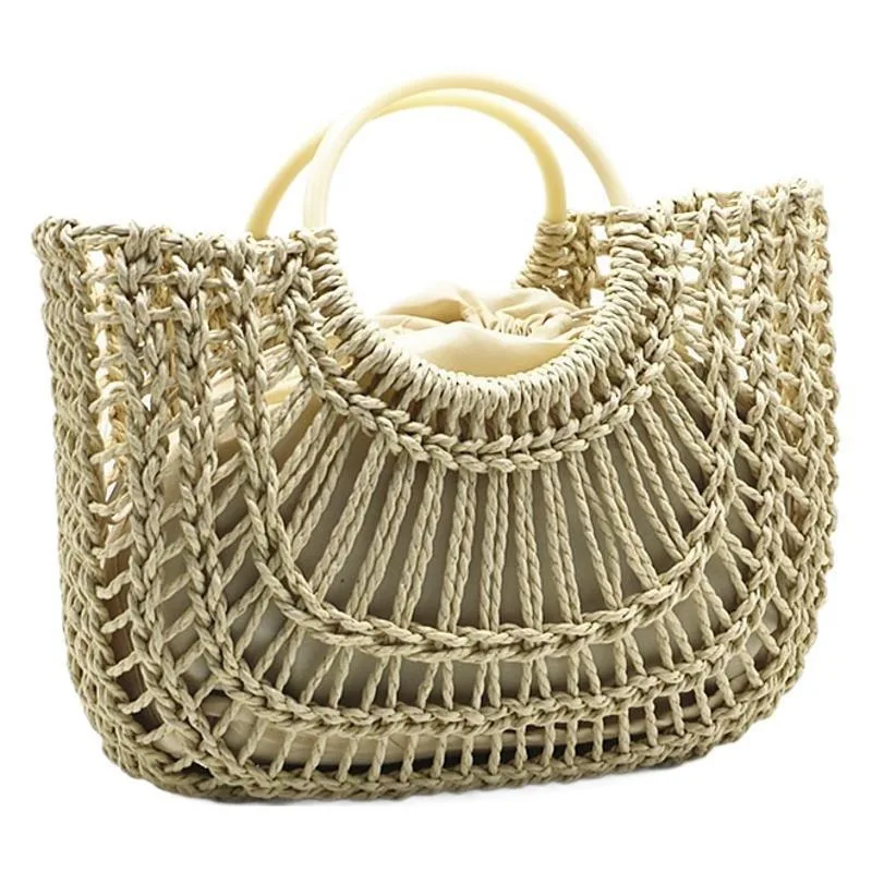 Handwoven Straw Rattan Half-Moon Beach Handbag Large Capacity Women Hollow Out Crossbody Shoulder Bag Half-Round Shoulder Bag