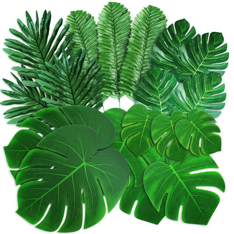 

Quality 98PCS Palm Leaves Golden Tropical Leaves With Stems Fake Leaf Plant For Hawaiian Party Beach Table Leaves Decorations