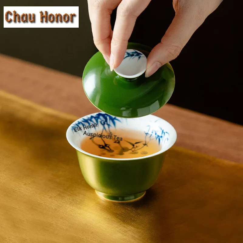 150ml Hand-painted Blue Bamboo Gaiwan Creative Tea Tureen Tea Bowl With Lid Kit Tea Brewing Cover Bowl Teaware Collection Gift
