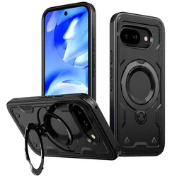 Rugged Military Armor Phone Case with Magnetic Ring and Rotating Bracket Cover - Google Pixel 10 (Black)