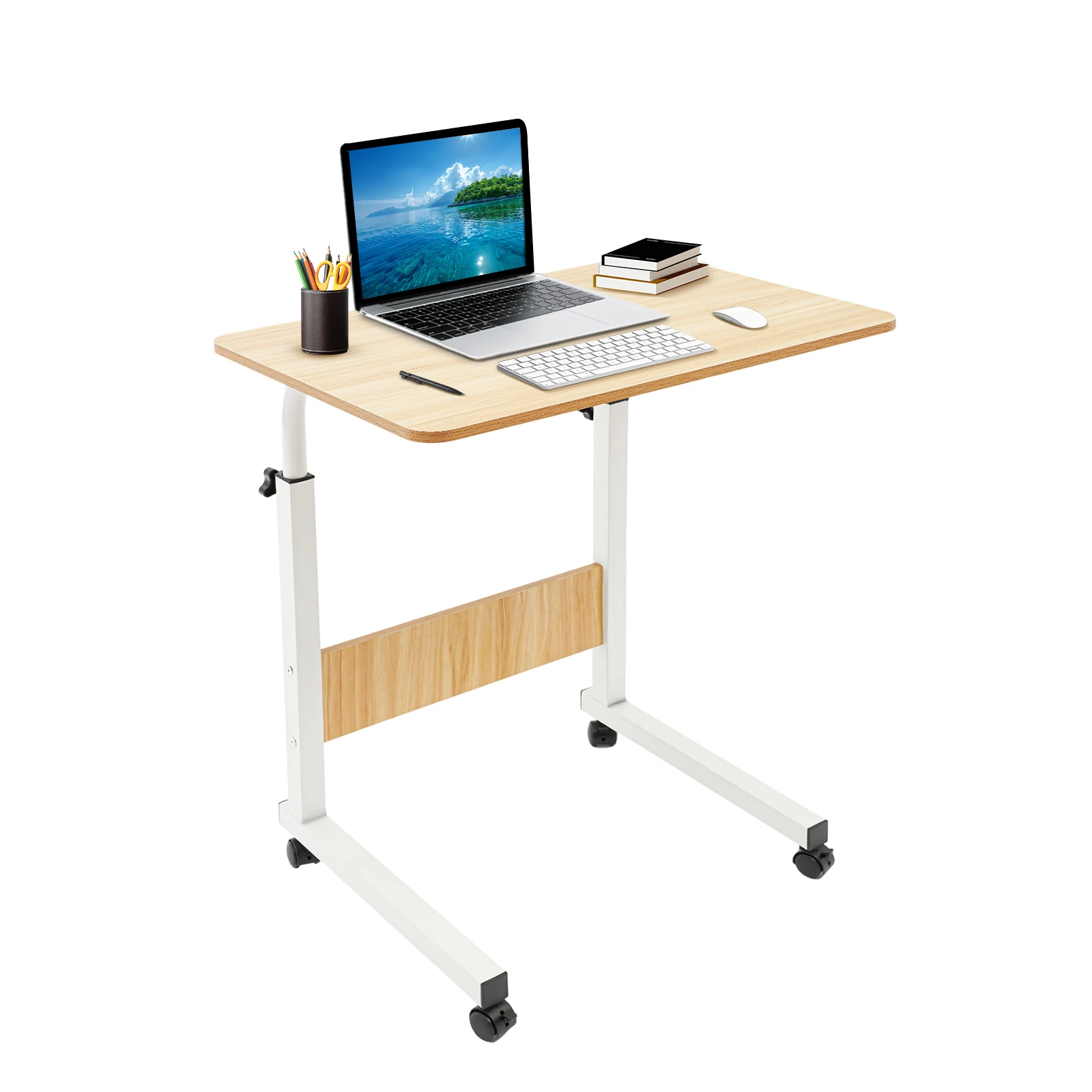 Table,C-Shaped Wooden Modern Sofa Table Adjustable Hight Laptop Stand Coffee Snack with Wheels, Side Basket and Grid Shelf