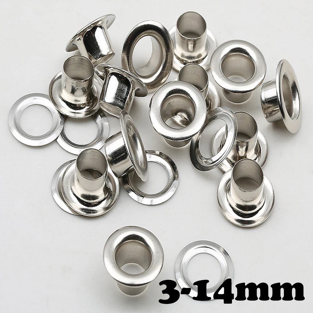 Eyelet Grommet Ring 3-14mm 100Sets/pack Brass Eyelet Grommet Silvery Round Rings for DIY LeatherCraft Bags Shoes Clothing Belt Hat Tarp Accessories
