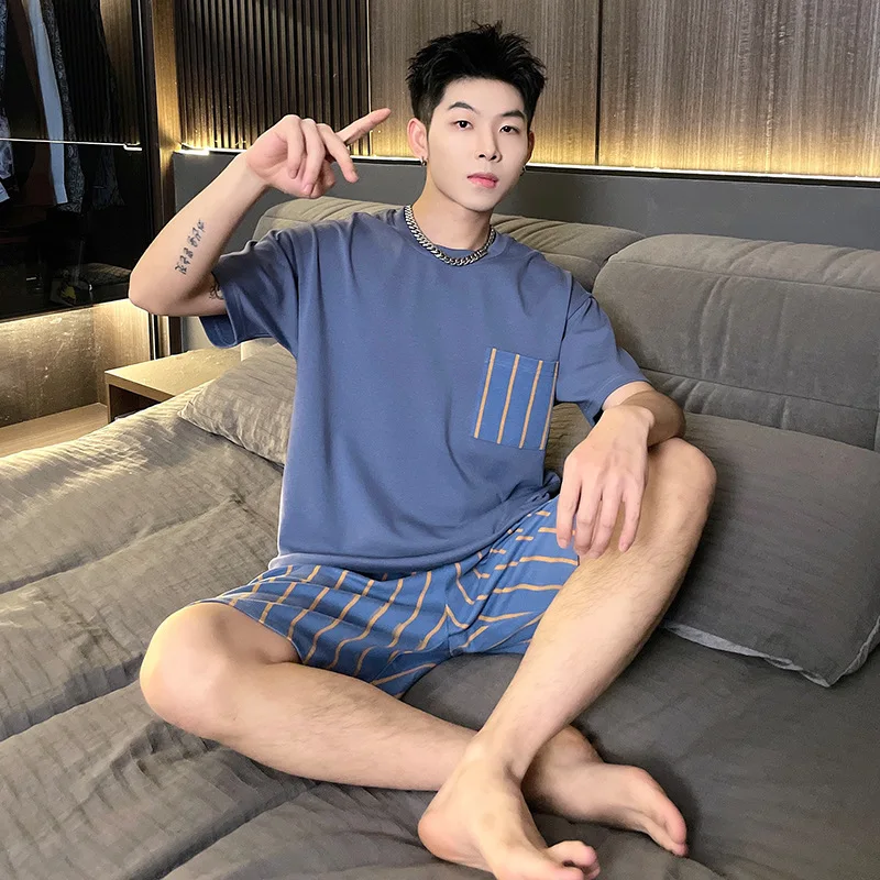 Pajama Sets Men's Two-Piece Pajamas Homewear Summer Cotton Short-Sleeved Shorts Large Size Teenage Boys Casual Homewear Set