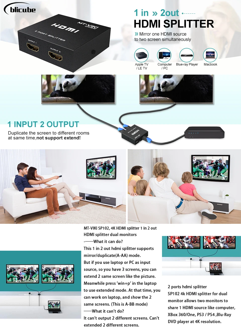 Mt-viki Hdmi Splitter 1 In 2 Out, 4k 