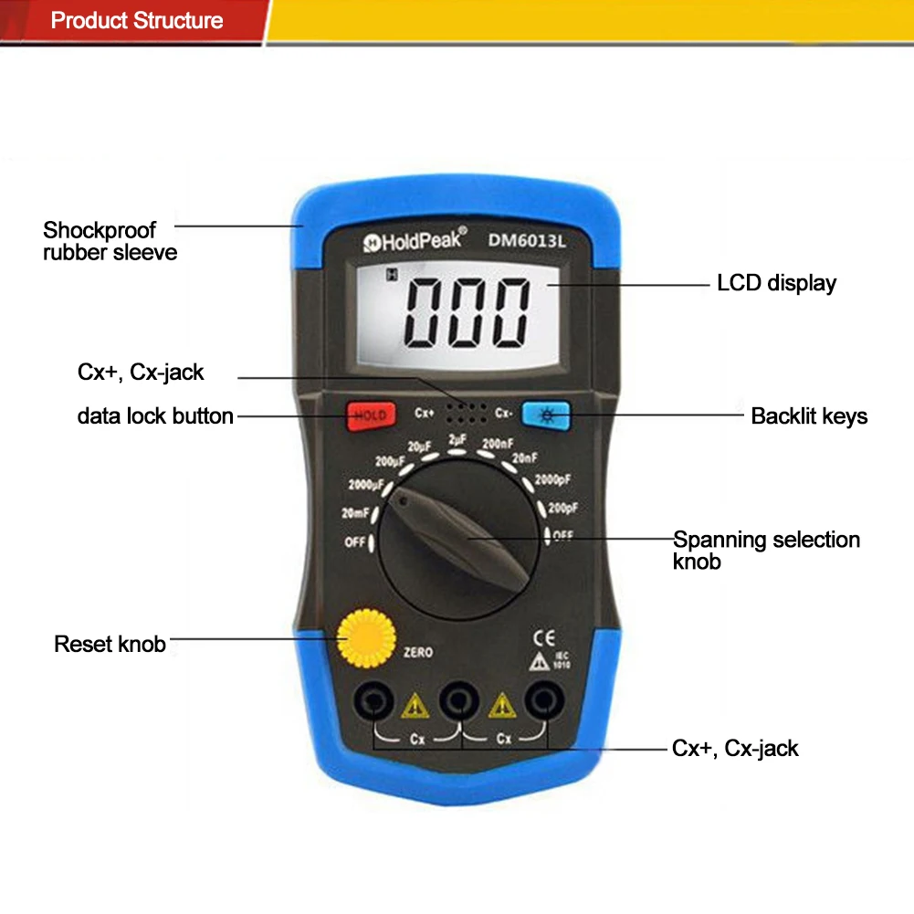 DM6013L Digital Capacimeter High Precision 200pF~20mF Capacitance Capacitor Measuring Meter 1999 Counts Data Hold Circuit Tester 4