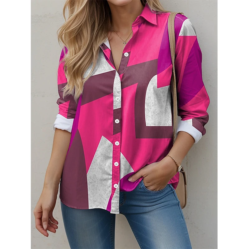 Summer Oversized Polo-neck Printing Long Sleeve Shirt Ladies Casual Fashion All-match Cardigan Tops Women Elegant Vintage Blouse