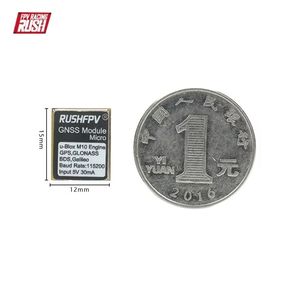 Gros plan sur le module GPS Rushfpv GNSS MINI uBlox M10, avec le logo et les broches de connexion visibles