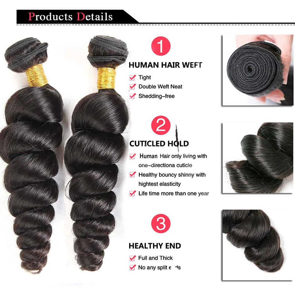 Beaufox Indian Human Hair Weave Bundles 3 Bundles Deal Loose Wave Natural /Jet Black Color Remy Wavy Hair Extensions