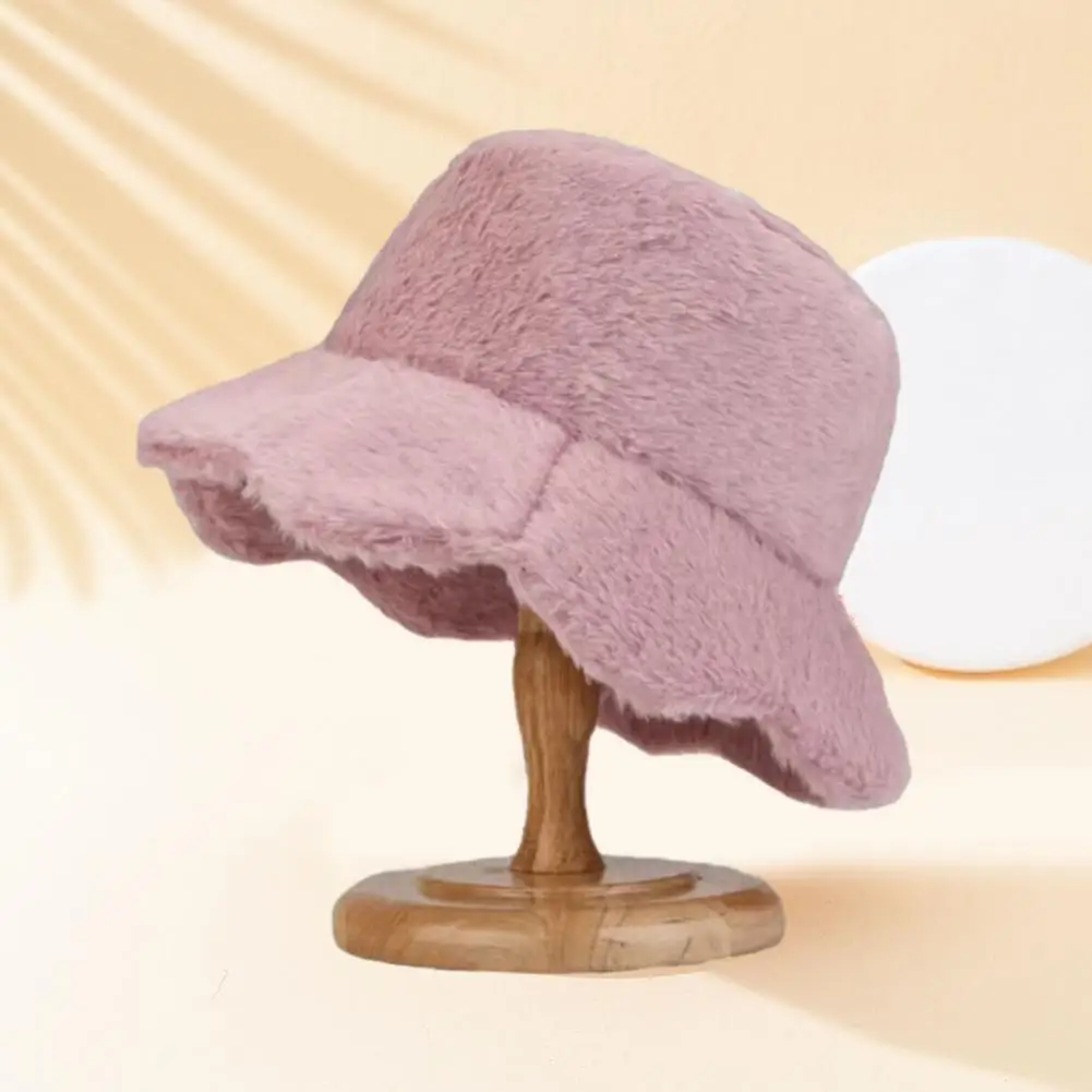 

Plush Bucket Hat Faux Rabbit Fur Bucket Hat Stylish Women's Winter Fisherman Hat Soft Plush Windproof Warm Flower Edge for Cold