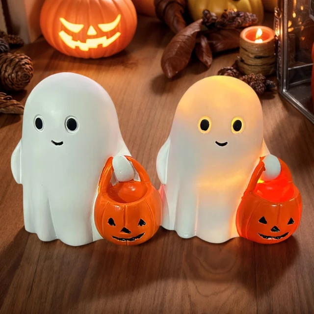 Lampe Veilleuse Fantôme 3D Halloween – Statue Résine, Lumière LED Douce, Pour Chambre, Bureau, Décoration Mignonne